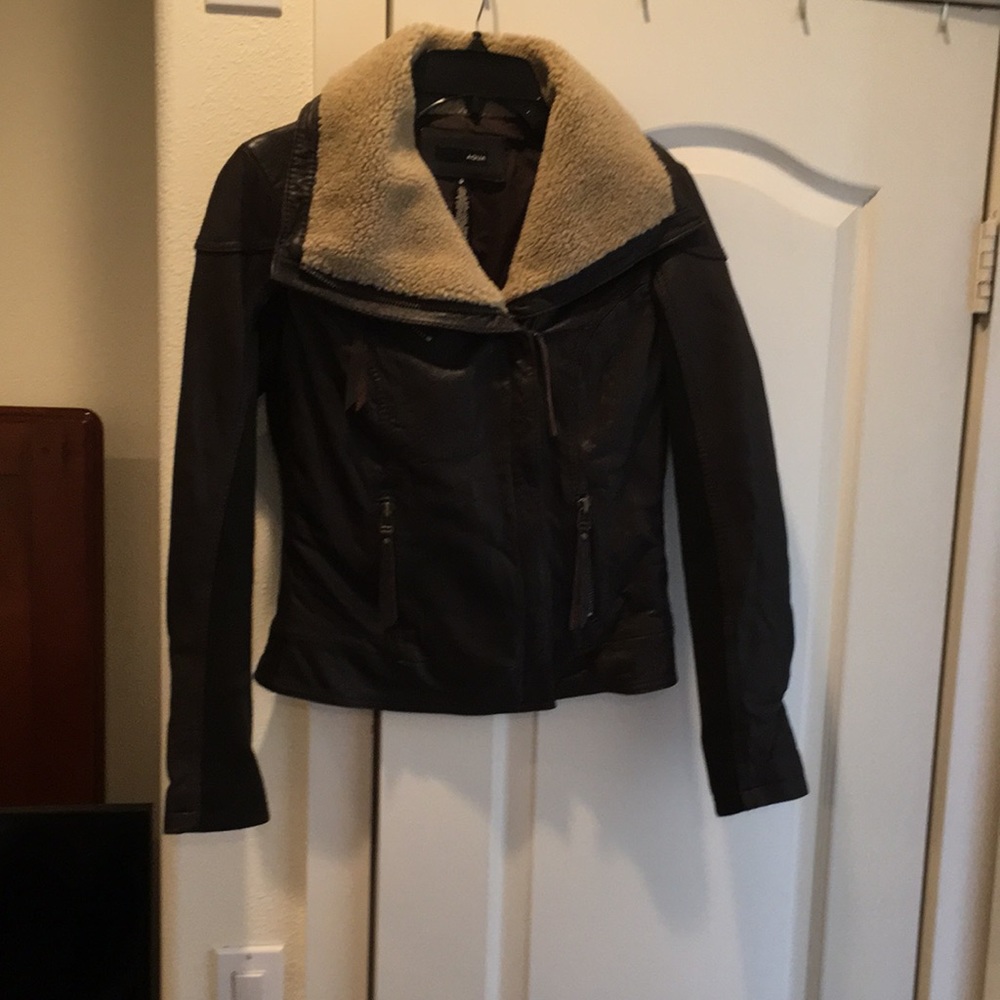 Aqua Black Leather Jacket with Cream Shearling Collar